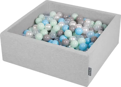 Produktbild von KiddyMoon bällebad 90x30cm/200 bälle ∅ 7cm bällepool mit bunten bällen für babys kinder quadrat, hellgrau:perle/grau/transparent/baby blau/mint
