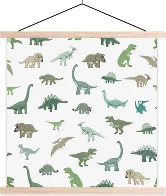Produktbild von MuchoWow® Textilposter Dinosaurier - Grün - Jungen - Braun - Kind - Muster 60x60 cm mit holzfarbenen Rahmen - Wanddekoration