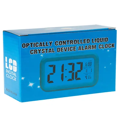 A blue cardboard box with a digital clock displayed on it.