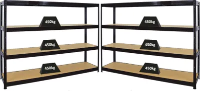 Produktbild von Mega Deal | 2x Schwerlastregal DINO | HxBxT 180x240x60cm | 4 MDF-Platten-Ebenen 6,5 mm | Fachlast 450kg | Schwarz