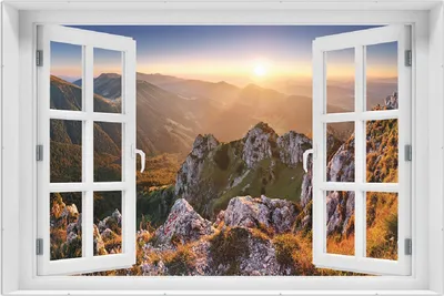 Produktbild von Wallario Wandbild mit Fenster-Illusion: Berglandschaft mit Sonnenuntergang in der Slowakei, Größe: 61 x 91,5 cm, Poster mit rahmenlosen Bildhalter