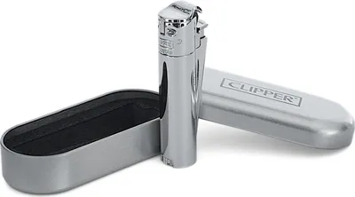A silver Clipper lighter and its case are displayed on a white background.