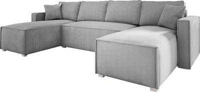 Produktbild von Wohnlandschaft U form Cord NOEMI 145x300 cm, Ecksofa U form Hellgrau mit Schlaffunktion und Bettkasten, Sofa XXL, Couch U form, Polsterecke - PS 55
