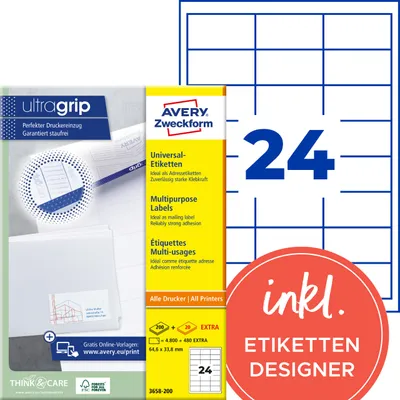 Produktbild von Avery Zweckform 3658-200, Universal-Etiketten, A4, Qualitätsdruck mit: ultragrip, 64,6 x 33,8 mm, 5.280 Etiketten / 220 Bögen, weiß