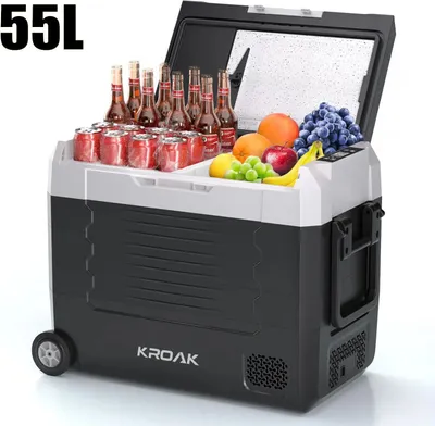 Immagine prodotto di Frigorifero portatile da auto con congelatore - Frigorifero a compressore da 55 L standard - Doppia zona - 12/24 V CC, 240 V CA - Rotelle - Da -20 a +20 °C - Per il campeggio