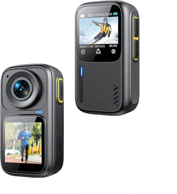 Two action cameras are shown against a white background. One camera is in the foreground, showing its lens and a screen displaying a runner. The other camera is in the midground, showing its screen displaying a skier.