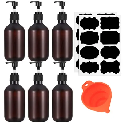 Produktbild von 300 ml Pumpspender, 6 leere Shampooflaschen, Nachfüllflaschen für Duschgel, wiederbefüllbare Pumpspenderflaschen für Duschgel und Shampoo, mit Trichter und Etikett.