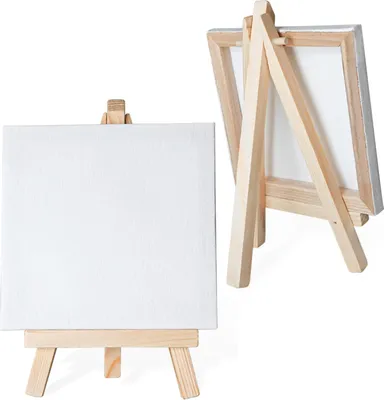 Produktbild von Mini Staffelei mit Leinwand 10×10 cm – Malset für Kinder und Künstler – Baumwollleinwand mit Dreibein-Holzstaffelei