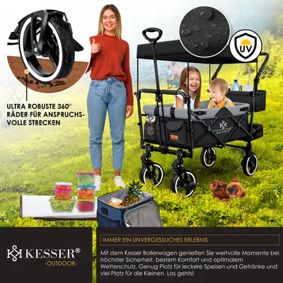 Produktbild von KESSER® Bollerwagen Faltbar GTS-9100 mit Dach Handwagen Transportwagen klappbar belastbar bis 150kg mit Hartgummi-Räder & Feststellbremsen Vorne & Hinten Inkl. Schloss, Abdeckung, Wetter & Sichtschutz