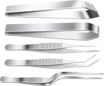 Produktbild von Unyqoos® 5‑teiliges Edelstahl-Set – Grätenpinzetten & Fischtangen: 3 Präzisionspinzetten (gerade/gebogen/abgewinkelt) + 2 Fischtangen (gerade/abgewinkelt), 16/12/11,5 cm