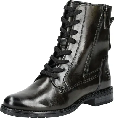 A single black leather boot with laces and a zipper, presented against a white background.