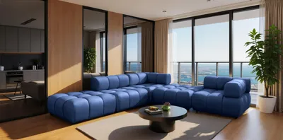 Image de Canapé d'angle modulaire Kaiser Möbel, revêtement en velours Bluvel, couleur bleu encre, modèle à gauche, série Bolla