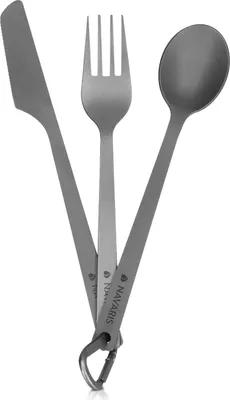 Produktbild von Navaris Titan Camping Besteck 3tlg. - Outdoor Messer Gabel Löffel inkl. Tasche - Ultraleichte 3in1 Essbesteck Kombi - Reisebesteck Set in Grau