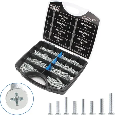 Produktbild von CCLIFE 425tlg Schrauben Set, Kreuschlitz Senkkopfschrauben DIN 965 Flach Knopf Stahl Verzinkt M4 M5 M6 M8