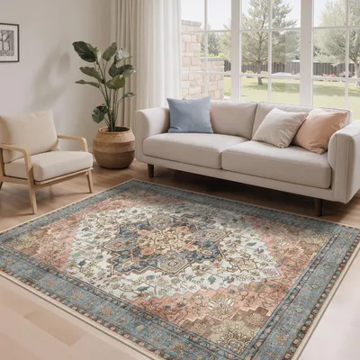 Zdjęcie produktu dla Dywan do salonu, o krótkim włosiu, 160x230 cm, antypoślizgowy, w stylu orientalnym, vintage, w kolorze różowym, idealny do sypialni