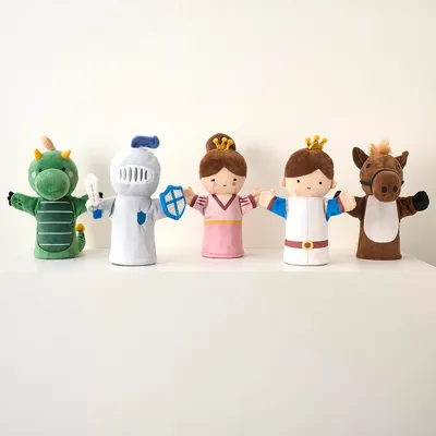 Produktbild von Handpuppen Légende Set mit 5 Figuren: Prinz, Prinzessin, Ritter, Drache, Pferd, 30 cm Höhe