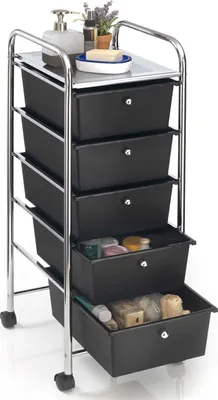 Produktbild von Rollcontainer GINA, chrom/schwarz - Rollwagen mit 5 Schubladen, lackiertes Metallgestell in chrom auf Rollen, Friseurwagen, Badezimmerschrank, Kosmetik Aufbewahrung