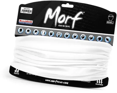 Product packaging for a white neck gaiter/buff.