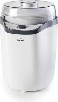 A white yogurt maker with a clear lid and a gray control panel.