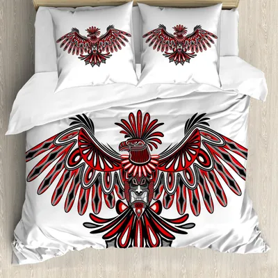 Immagine prodotto di ABAKUHAUS Set copripiumino etnico, motivo aquila dell'arte Haida, motivo tribale indigeno, illustrazione totemica, 155 x 220 cm + 80 x 80 cm, vermiglio e grigio