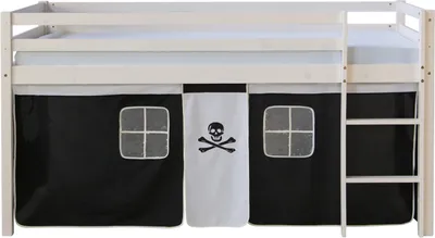 Produktbild von Homestyle4u Hochbett 90x200 mit Rausfallschutz Kinder mit Leiter Vorhang Pirat Schwarz Weiß Massivholz Kiefer Weiß