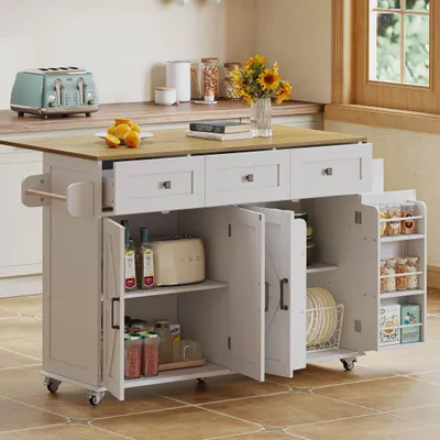 Image de OKWISH Îlot de Cuisine Mobile avec Plan de Travail Rabattable - Meuble de Rangement avec 3 Tiroirs et 5 Roulettes Verrouillables - Blanc et Nature