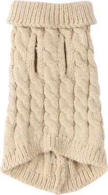 A beige knitted dog sweater with a cable knit pattern and a folded collar.