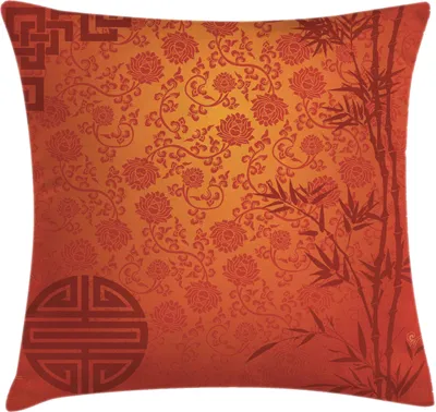 Produktbild von ABAKUHAUS asiatisch Kissenbezug, Symbole Muster Blumen Natur und Asiatisch Orientalische Zusammensetzung, 50 x 50 cm, Blasse Orange Burgund