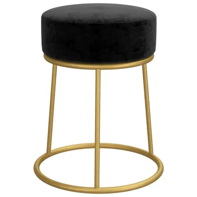 A black velvet stool with a gold metal frame is shown against a white background.