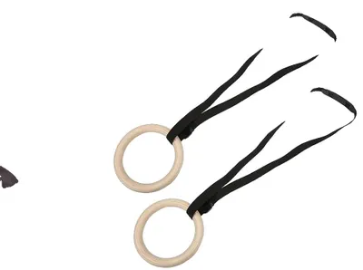 Produktbild von Turnringe, Holzmaterial, verstellbare Riemen bis zu 4,5 m, Durchmesser 28 mm, Tragfähigkeit 150 kg, geeignet für Klimmzüge und Balancetraining