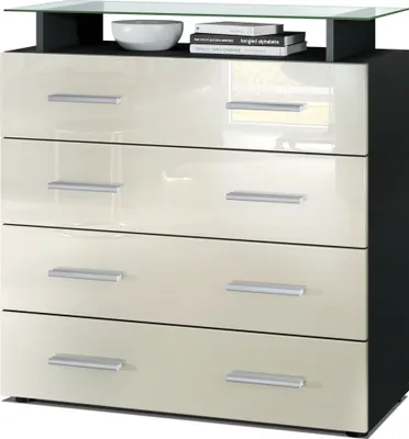 Produktbild von Vladon Sideboard Pavos V2, Kommode mit 4 Schubladen und Glasablage, Schwarz matt/Creme Hochglanz (76 x 81 x 35 cm)