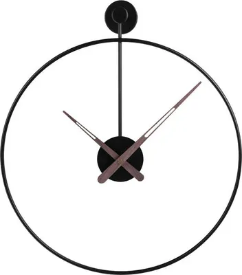A minimalist black metal wall clock with brown hands against a white background.