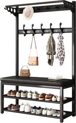 Imagen del producto de Perchero independiente con estante para zapatos, 2 estantes, perchero de metal con banco, 6 ganchos y banco, estante de ropa de madera multifuncional, capacidad máxima de carga: 100 kg, dimensiones: 100 x 33 x 170 cm