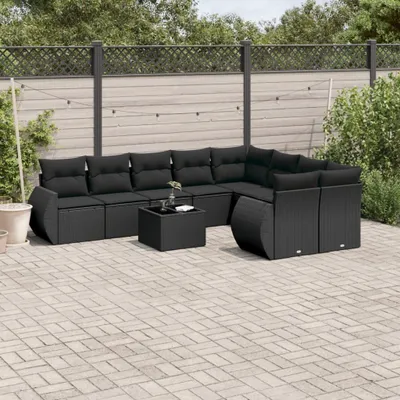 Produktbild von Design 10-tlg. Garten-Sofagarnitur mit Kissen Schwarz Poly Rattan, Gartensofas 2024 Neu