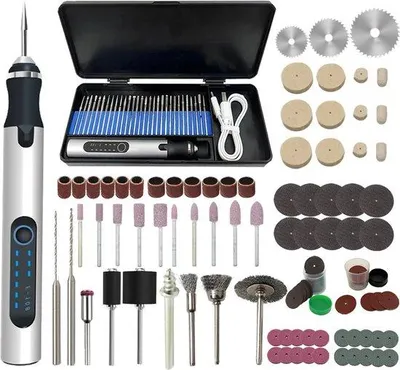 Immagine prodotto di Penna incisa USB - Mini incisore ricaricabile con accessori per set di incisione su legno - 5000-18000 giri/min - Punta a spazzola con 20 diamanti