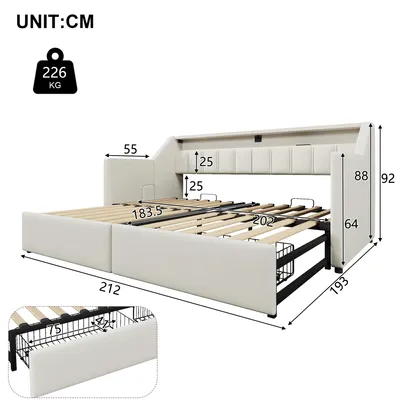 Produktbild von okwish Schlafsofa mit Ausziehbett 90x200 Tagesbett mit 2 Schubladen und 2 Aufbewahrungstaschen,Daybett mit LED und USB+Type-C,Ohne Matratze,Beige