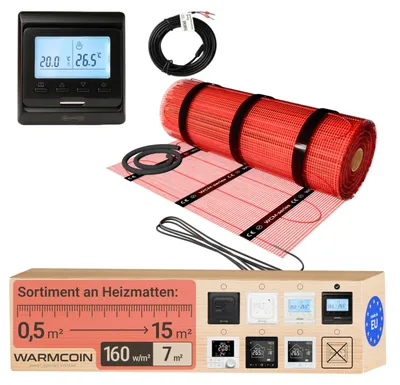 Vloerverwarmingsset 160 W/m², 7 m², selbstklebend, inkl. Thermostat