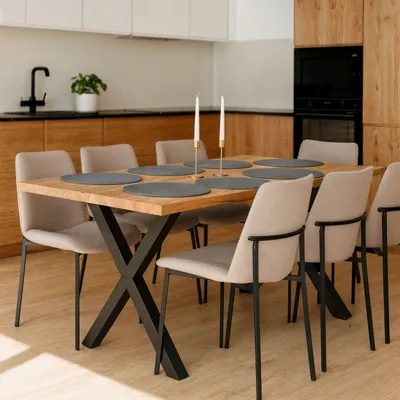 Produktbild von Massivholztisch Eiche 200x100 cm gerade Kante – Esszimmertisch mit 4 cm Tischplatte & X-Metallgestell – moderner Esstisch , Natur Geölt