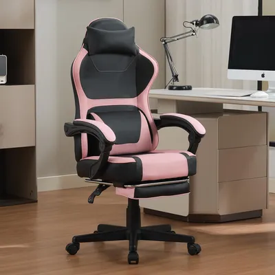 Produktbild von Gaming-Stuhl ergonomisch Kawaii-Stil pink-schwarz ausziehbare Fußstütze Doppelkissen Lendenbereich Home-Office 63x60x126cm