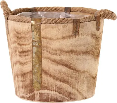 Produktbild von artplants.de Holz Übertopf DABIH mit Griffen aus Seil, braun, 24cm, Ø29cm - Deko Topf