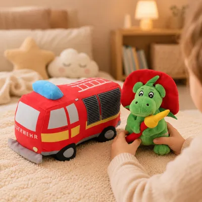 Produktbild von Sweety Toys 12213 Set Grisu Plüsch Feuerwehrmaskottchen 20 cm & Plüsch Feuerwehr Auto Lastwagen ca. 30 cm
