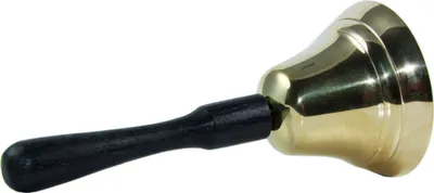A brass handbell with a black wooden handle against a white background.