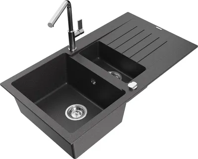 Produktbild von Mexen Matias 1,5-Becken-Granitspüle mit Abtropffläche und Mischbatterie Flora, Schwarz gesprenkelt - 6502-76-670401-00