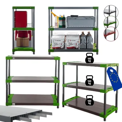 Produktbild von MODO24 Kunststoffregal, 3 Ablagen, 160kg/Boden, Schwerlast, Steckregal, Lagerregal, Plastikregal, Werkstatt, 98x120x46?cm, Grün, TYTAN