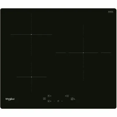 A top-down view of a black induction hob with cooking zones marked by white lines and dots. Control buttons are visible at the bottom.