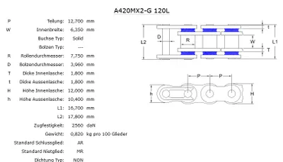 Produktbild von Rollenkette AFAM A420MX2-G/116C Kette offen mit Clipschloss