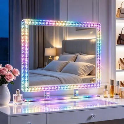 Obrázek produktu pro VANITII Hollywoodské kosmetické zrcadlo 80×60 cm s LED osvětlením RGB světelné režimy křišťálové detaily bílé pro toaletní stolek