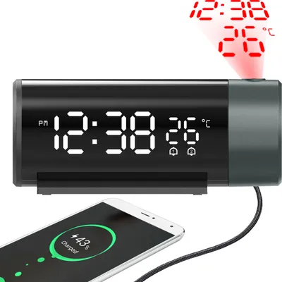 Zdjęcie produktu dla Projekcyjny budzik z obracanym o 180° projektorem | cyfrowy zegar z wyświetlaczem LED, 2 czasy alarmu, drzemka i 4 poziomy jasności do sypialni