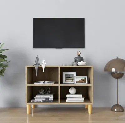 Zdjęcie produktu dla The Living Store Szafka pod telewizor z nogami z litego drewna dąb sonoma 69,5x30x50 cm