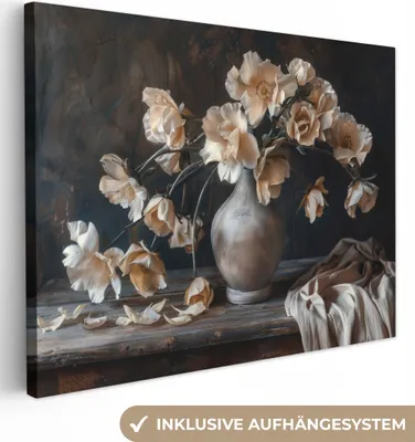 Produktbild von MuchoWow® - Leinwandbilder - Blumen - Vase - Kunst - Stilleben, Wandbild, Wanddeko Bilder Wohnzimmer, 80x60 cm